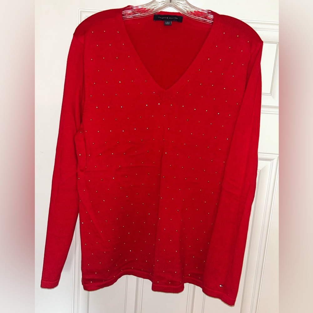 Tommy Hilfiger Long Sleeve Studded Red V-Neck Woven Top